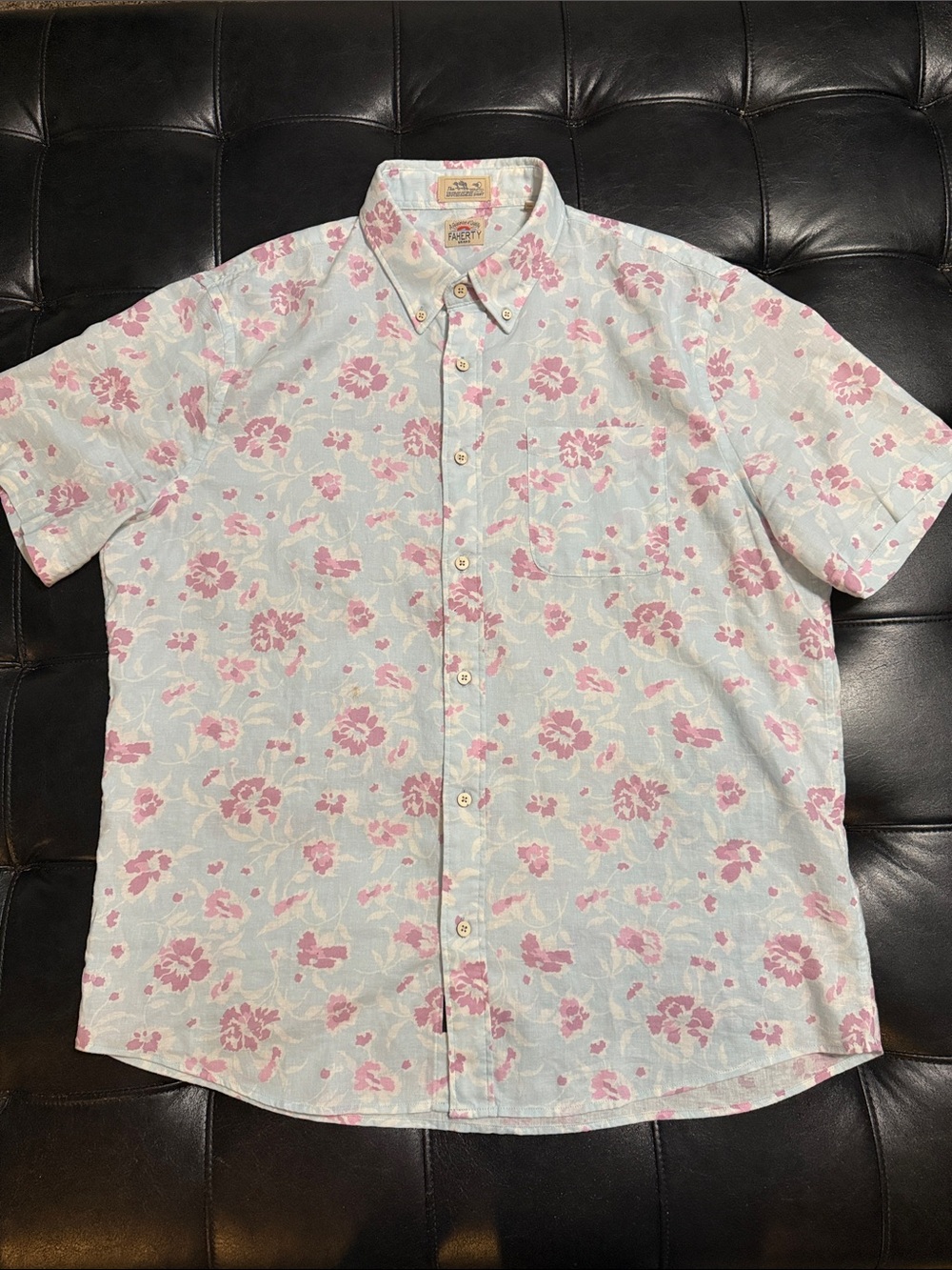 Faherty Light Blue & Pink Floral Short-Sleeve Button-Down Shirt Mens Size XL